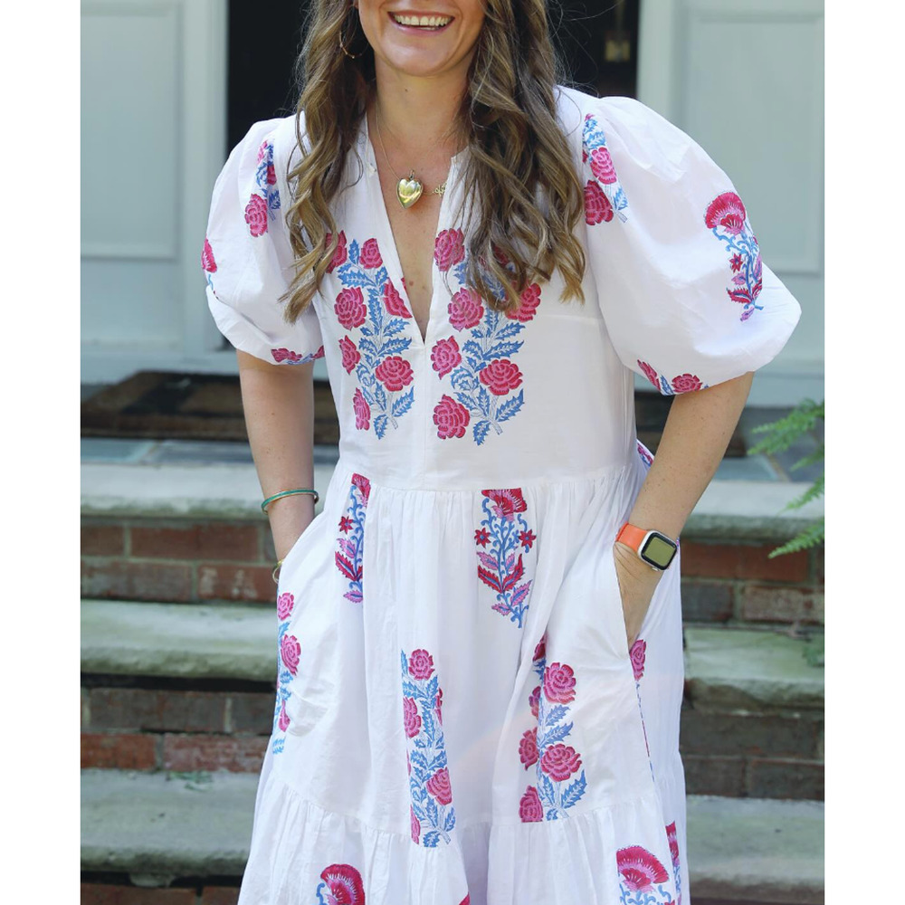 OLIPHANT Tuckernuck Pink Blue Block Print Grandiflora Puff Sleeve Maxi Dress XS - Picture 6 of 14